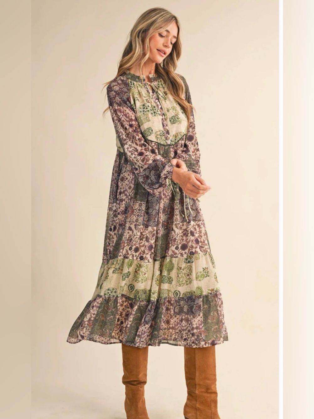 NWT &MERCI PATCHWORK PRINT MIDI DRESS: OLIVE GREEN Size Medium